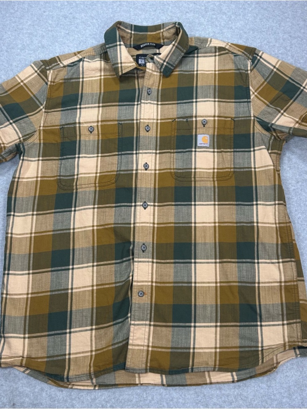 Carhartt Short-Sleeve Plaid Button-Down Shirt in Olive and Tan - Picture 2 of 10
